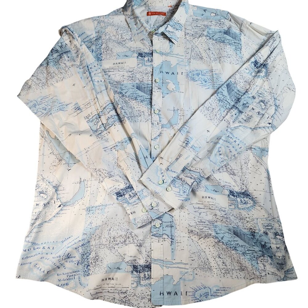 Tori Richard Mens Long Sleeve Hawaiian Map Shirt Cotton/Spandex 3XL